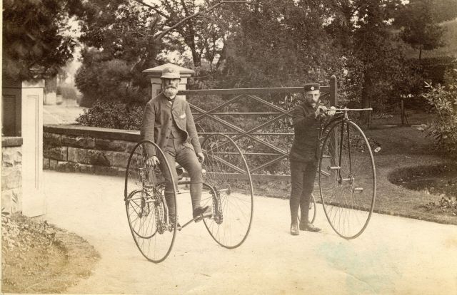 Two men on bicycles, Lake Vale, Alderley, 1880s