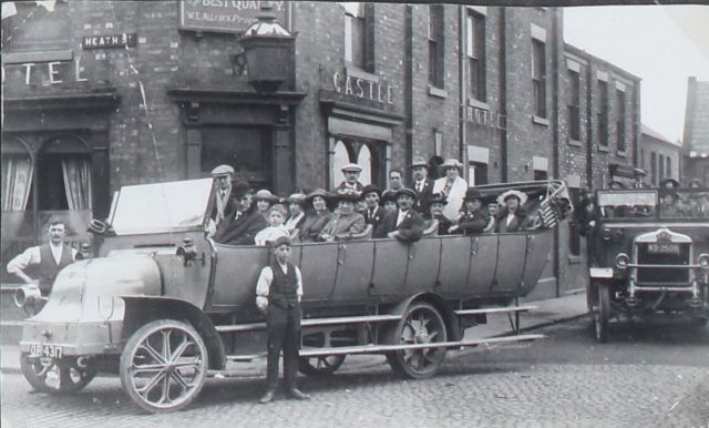 Charabanc outing for customers of the Castle Hotel, Crewe, 1920. Albert Hunn Collection