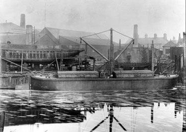 Northwich: Barge moored at Isaac Pimblot's shipyard 	