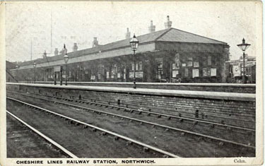 Northwich: Main Station building and Manchester line platform