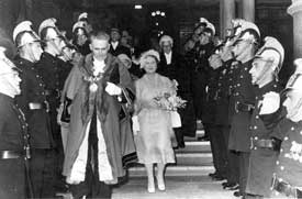 Chester: Town Hall, visit of the Queen Mother 