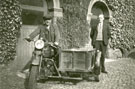 View: FD01114 Frodsham: Frank Turner, Fred Basnett  with motor cycle and sidecar. Castle Park.  