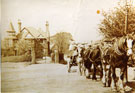 View: FD01359 Frodsham: Three horses with cart resting at the top of Fluin Lane by Stapleton House