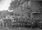 View: FD02113 Frodsham: Charabanc and party, outside Bellemonte Hotel.