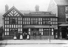 View: FD02259 Frodsham: Cholmondeley Arms, Church Street. Group of People outside, c.1900. 