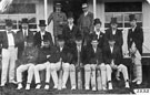 View: FD02332 Frodsham: Comic Cricketers, in front of Pavilion. 