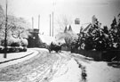 View: FD02526 Frodsham: Horse and Cart by Railway Bridge.  Lower Main Street.  In snow.