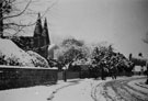 View: FD02568 Frodsham: Horse / cart and Lawless' Van by Millbank.  Lower Main Street in snow.
