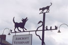 View: FD04053 Frodsham: Ashcroft Veterinary Sign, Main Street, Frodsham. In silhouette.  Spring 1999