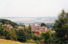 View: FD04384 Frodsham: View of Halton Hill from footpath below Heathercliffe Hotel.