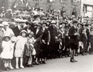 View: FD04956 Frodsham: King George V -  Visit. Group of people and Scouts outside Westminster Bank .
