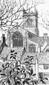View: c03574 Wilmslow: Christmas Card, sketch of St Bartholomews Church and cottages	