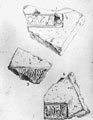 View: ch2939 Drawings of 3 fragments of 20th Legion tiles 	