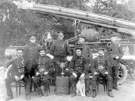 View: ch4336 City of Chester fire brigade with fire engine, trophy and dog mascot.