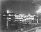 View: ch6286 Old Dee Bridge illuminations and River Dee with Bithells boat mooring 	