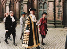 View: p1257 View of the procession to the Cathedral, including the Lord Mayor, Gordon Smith,and Lady Mayoress, Lord Mayor's Sunday