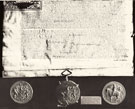 View: p1291 Seals, on initial letter portrait and first folio of letters patent of Oliver Cromwell, 1658