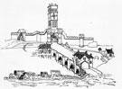 View: p2701 Dee Bridge, Bridgegate with water tower and Shipgate, from drawing by Randle Holme
